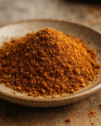 Assiette de poudre d'épices brunes, parfaite pour rehausser les saveurs de vos plats épicés et arômatiques.
