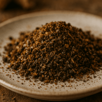 Monticule de fines herbes et épices sur une assiette en céramique, prêt à sublimer vos plats.