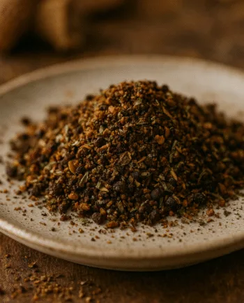 Monticule de fines herbes et épices sur une assiette en céramique, prêt à sublimer vos plats.
