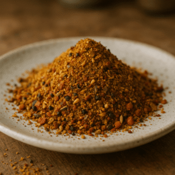 Assortiment de fines épices colorées sur une assiette blanche, idéal pour enrichir les plats de saveurs exotiques.