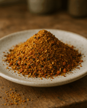 Assortiment de fines épices colorées sur une assiette blanche, idéal pour enrichir les plats de saveurs exotiques.