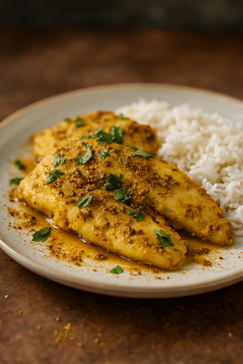 Filets de poisson épicés servis avec du riz basmati garnis de coriandre