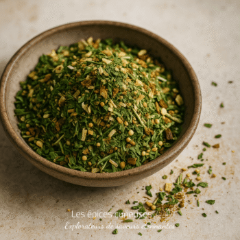 Bol d'herbes séchées et d'épices variées sur une surface en pierre pour cuisiner des plats savoureux et aromatiques.