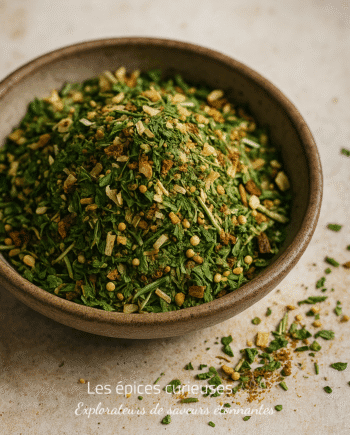 Bol d'herbes séchées et d'épices variées sur une surface en pierre pour cuisiner des plats savoureux et aromatiques.