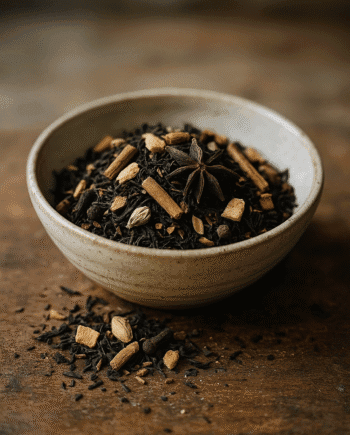Bol de thé aux épices variées sur une table en bois, ambiance chaude et réconfortante.