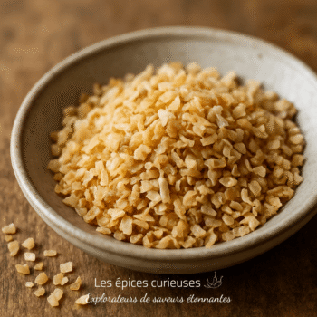 Bol de boulgour cuisiné, posé sur une table en bois, idéal pour des recettes saines et savoureuses.