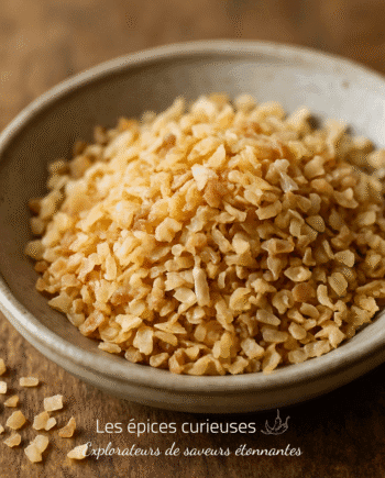 Bol de boulgour cuisiné, posé sur une table en bois, idéal pour des recettes saines et savoureuses.