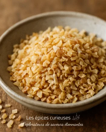 Bol de boulgour cuisiné, posé sur une table en bois, idéal pour des recettes saines et savoureuses.