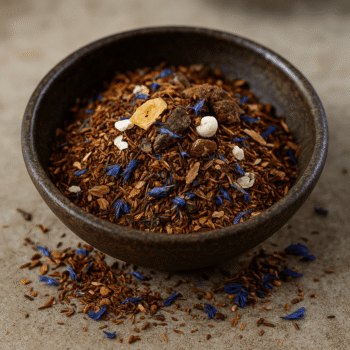 Bol de tisane rooibos aux pétales bleus et morceaux de fruits séchés sur fond neutre.