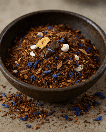 Bol de tisane rooibos aux pétales bleus et morceaux de fruits séchés sur fond neutre.