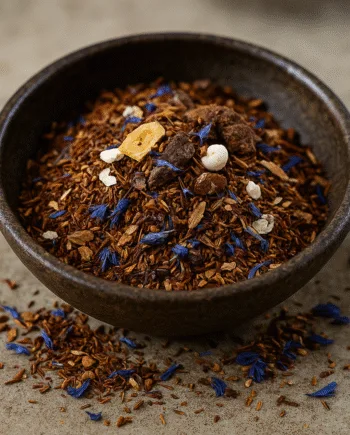 Bol de tisane rooibos aux pétales bleus et morceaux de fruits séchés sur fond neutre.