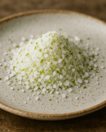 Assiette de sel de mer avec des éclats verts, idéal pour assaisonner vos plats avec une touche raffinée et colorée.