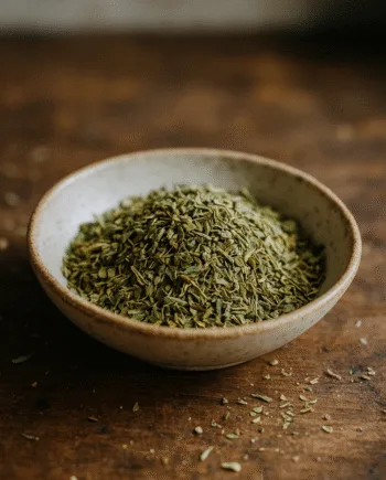 Bol de feuilles d'origan séchées sur une table en bois, idéal pour assaisonnements et plats méditerranéens.