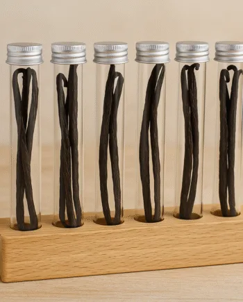 Gousses de vanille en tubes en verre, rangées sur un support en bois, sur fond neutre.