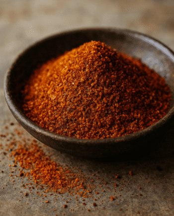 Assiette de poudre de piment rouge épicée, posée sur une table en bois.