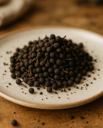 Assiette de clous de girofle séchés sur une table en bois, ingrédients pour la cuisine et les infusions épicées.
