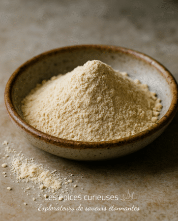 Bol de farine sur une table en bois, shooté en gros plan, mettant en valeur la texture fine de la poudre.
