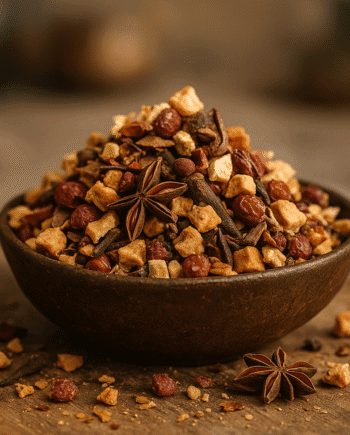 Bol d'épices variées avec anis étoilé, clous de girofle, cubes de fruits secs, ambiance chaleureuse et rustique.