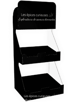 Présentoir noir vide, logo Les épices curieuses, destiné à exposer des épices aromatiques en magasin.
