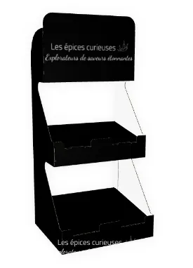 Présentoir noir vide, logo Les épices curieuses, destiné à exposer des épices aromatiques en magasin.