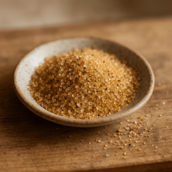 Bol de sucre brun sur une table en bois, idéal pour des recettes naturelles et savoureuses.