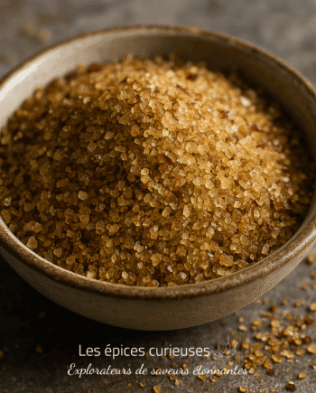 Bol en céramique rempli de sucre brun cristallisé, posé sur une surface en pierre grise.