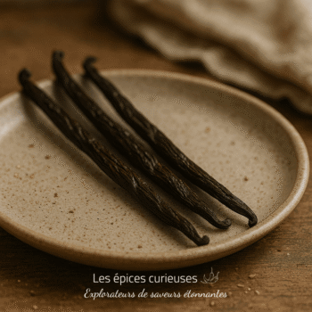 Gousses de vanille sur une assiette en céramique, installées sur une table en bois pour une ambiance rustique.
