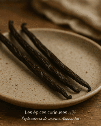 Gousses de vanille sur une assiette en céramique, installées sur une table en bois pour une ambiance rustique.