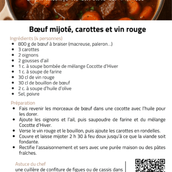 Recette de bœuf mijoté avec carottes et vin rouge, ingrédients et préparation pour un plat savoureux.
