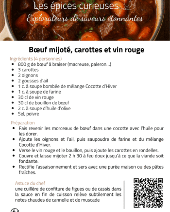Recette de bœuf mijoté avec carottes et vin rouge, ingrédients et préparation pour un plat savoureux.