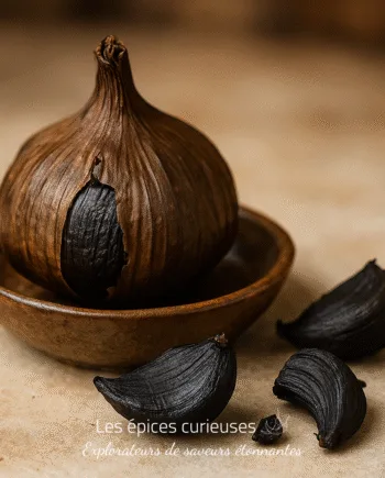 Ail noir fermenté sur un bol en bois avec gousses détachées, sur un fond neutre.