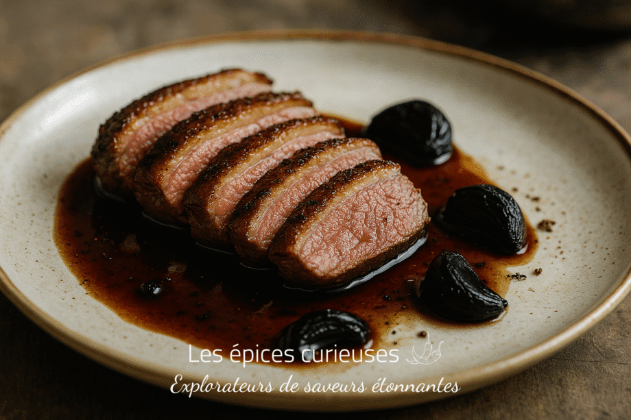 Tranches de magret de canard rosé avec sauce, accompagnées d'ail noir, servies sur une assiette en céramique.