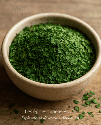 Bol de persil séché, parfait pour assaisonner les plats, sur une table en bois rustique.