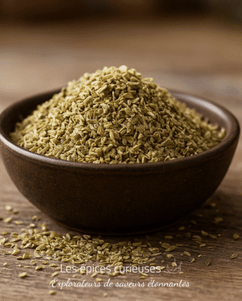 Bol de graines d'anis vert séchées sur une table en bois pour arômes de cuisine.