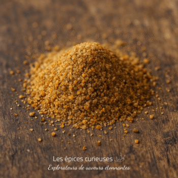 Tas de sucre brun sur fond bois, mise au point rapprochée, texture granuleuse et naturelle.