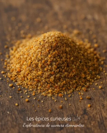 Tas de sucre brun sur fond bois, mise au point rapprochée, texture granuleuse et naturelle.