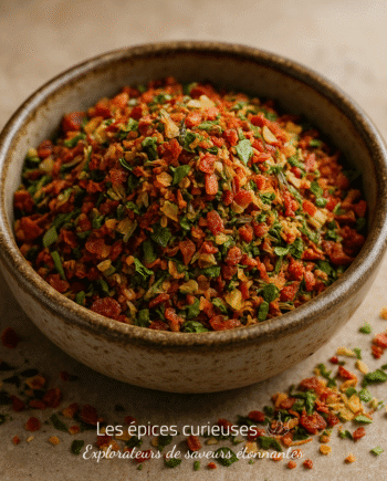 Bol de mélange d'épices colorées contenant des herbes séchées et des légumes pour rehausser la saveur des plats.