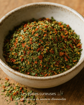 Bol de mélange d'épices colorées sur une table en bois, idéal pour rehausser plats et saveurs.