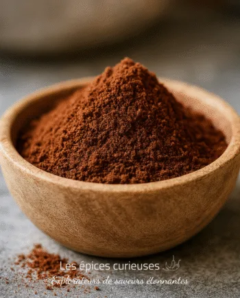 Bol en bois rempli de poudre de cacao sur une table en pierre, parfait pour recettes et desserts gourmands.