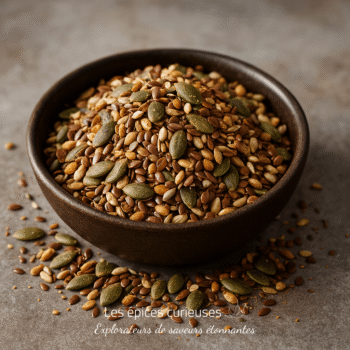 Bol de graines mélangées, incluant graines de citrouille, de lin et de tournesol, sur fond neutre.