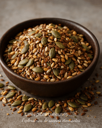 Bol de graines mélangées, incluant graines de citrouille, de lin et de tournesol, sur fond neutre.
