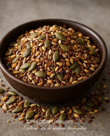 Bol de graines mélangées, incluant graines de citrouille, de lin et de tournesol, sur fond neutre.