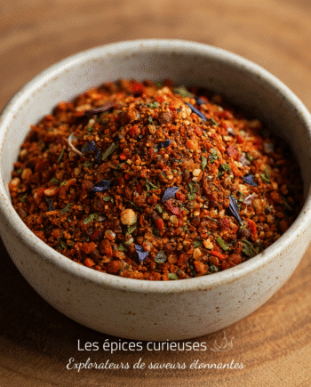 Bol de mélange d'épices coloré sur une table en bois, idéal pour relever vos plats.