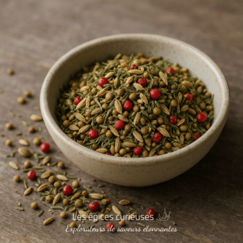 Bol de mélange d'épices variées, avec graines de fenouil, coriandre et baies roses sur une table en bois.