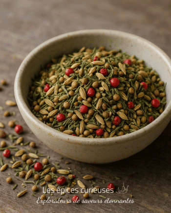 Bol de mélange d'épices variées, avec graines de fenouil, coriandre et baies roses sur une table en bois.