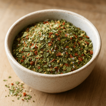 Bol de mélange d'épices et herbes séchées sur table en bois, idéal pour rehausser vos plats.
