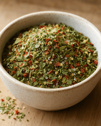 Bol de mélange d'épices et herbes séchées sur table en bois, idéal pour rehausser vos plats.