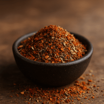 Bol rempli de mélange d'épices diverses sur surface en bois.