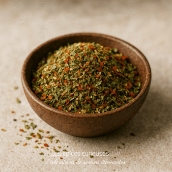 Bol de fines herbes et épices colorées sur fond neutre, prêt pour la cuisine.