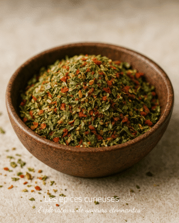 Bol de fines herbes et épices colorées sur fond neutre, prêt pour la cuisine.